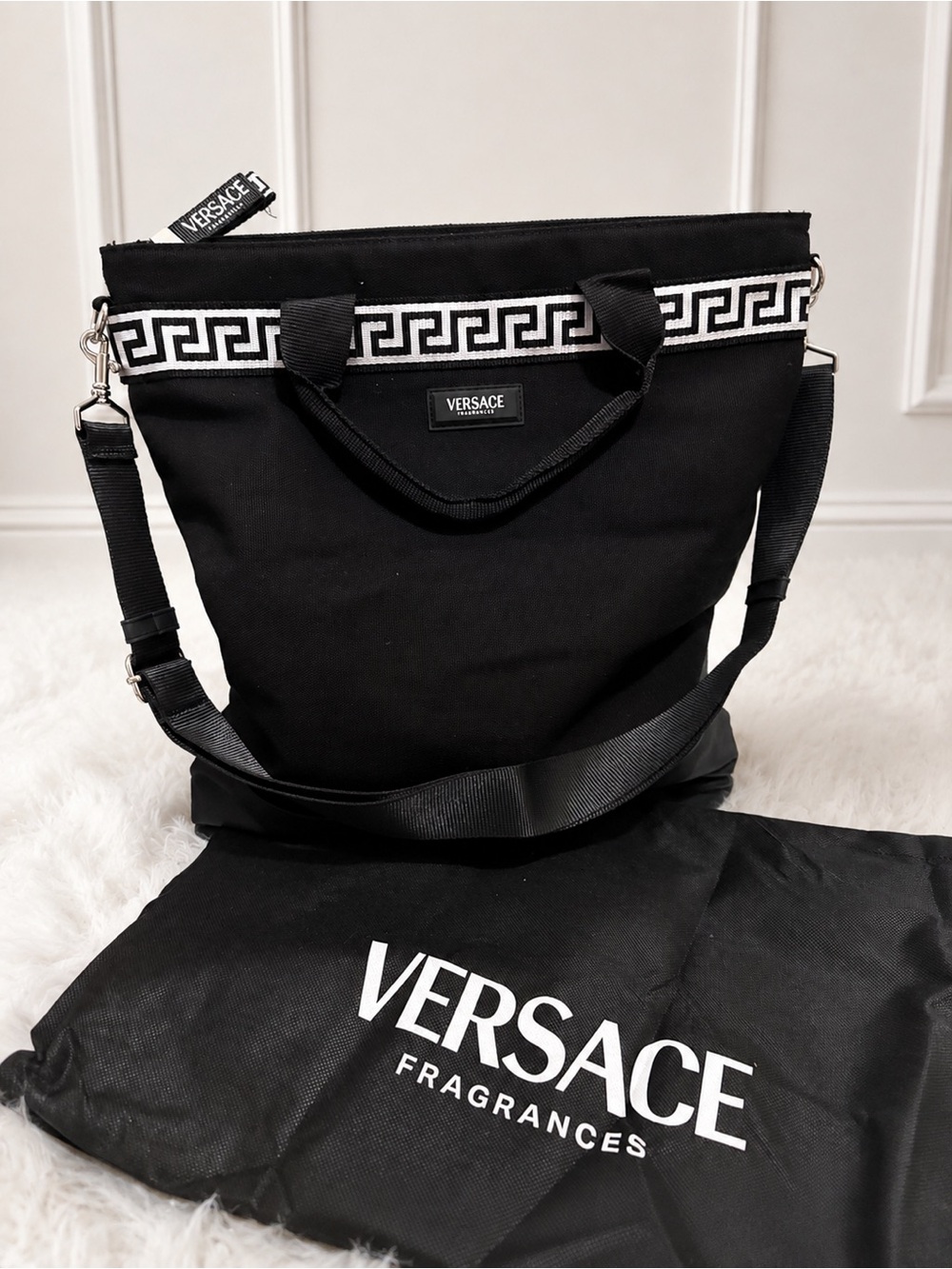 Authentic Versace Black Tote with White Greek Key Trim NEW